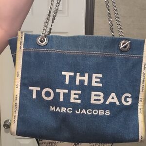 EUC  Large Marc Jacobs Blue Denim Tote with Chain Handles Leather Handles